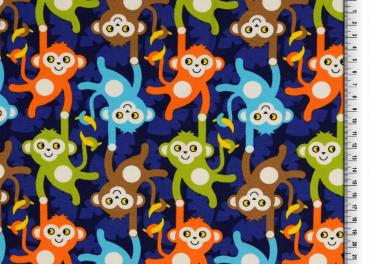Jersey bedruckt Affenbande bunt auf Blau